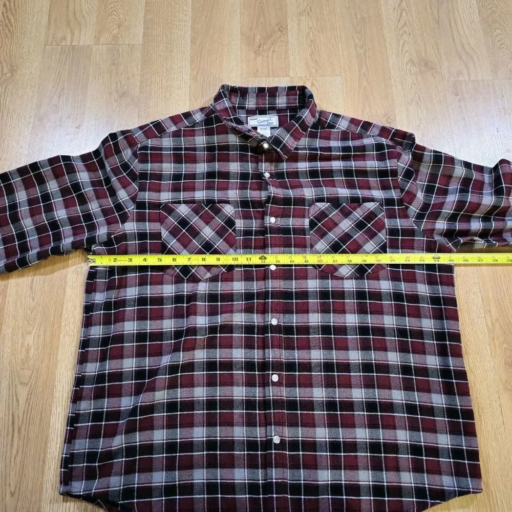 Vintage Haband Casual Joe Flannel Shirt Mens XL Burgundy Black Plaid Pearl Snap